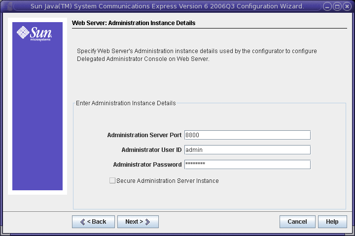 Webserver Administration Instance Details screen