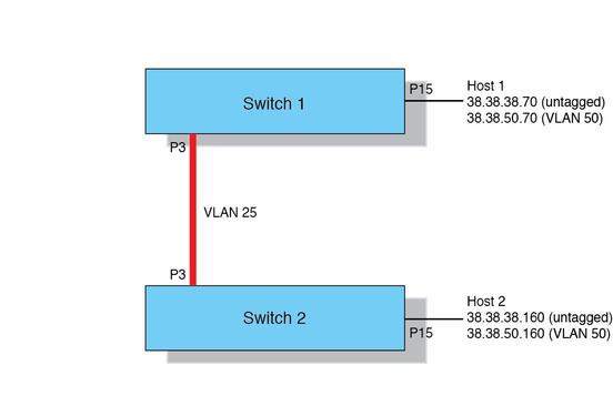 image: Figure showing switch 1 and switch 2 connecting VLAN 25 through port 3.