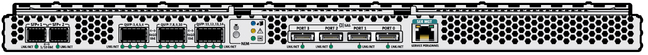 image:Figure shows the I/O connectors for the Sun Blade 6000 Ethernet Switched NEM 24p 10GbE.