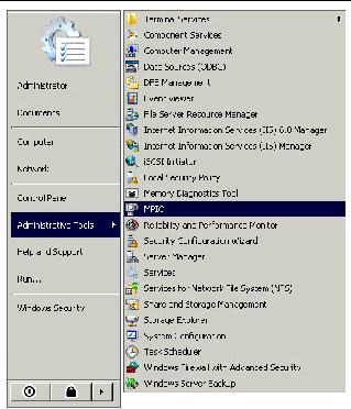Screen showing selection of MPIO from Administrative Tools on the Start Menu