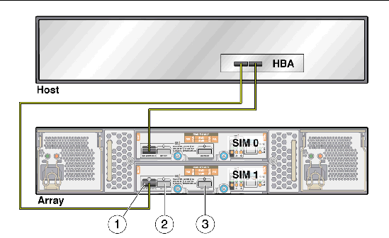 Shows a cable connecting each port on an HBA on the backof a host to one of the Host or SIM Link In ports on an array.