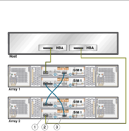 Shows one host, with two HBAs each, cabled to two different arrays.