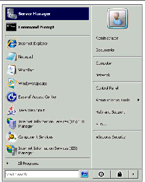 Screen showing Start menu opened and Server Manager selected.
