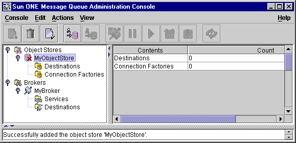 MQ Administration Console window. Object store node selected in tree view pane.