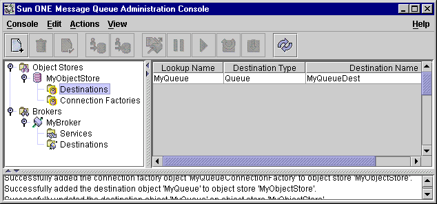 MQ Administration Console window. Destinations selected in tree view. Destination objects displayed in contents pane.