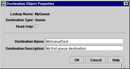Destination Object Properties dialog. Buttons from left to right: OK, Cancel, Help.