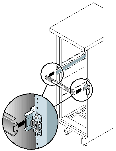 Image shows the slide rail spacing tool as it fits into slots at the ends of both slide rails