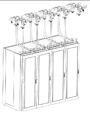 Drawing of piping connections and several Sun Cooling Door 5600s fully installed.