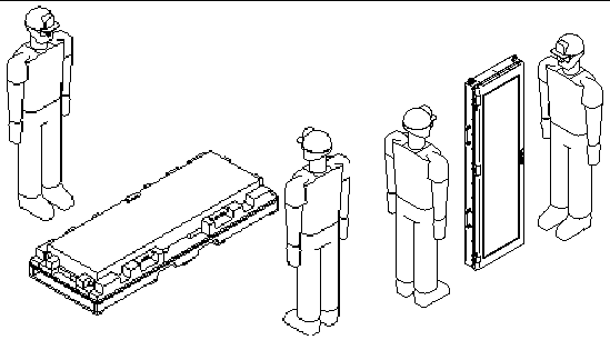 Drawing of lifting the Sun Cooling Door 5600 out of its package and preparing to move it.