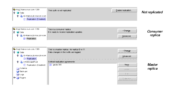Replication Nodes in Directory Server Console with their associated replication enabled and replication disabled icons