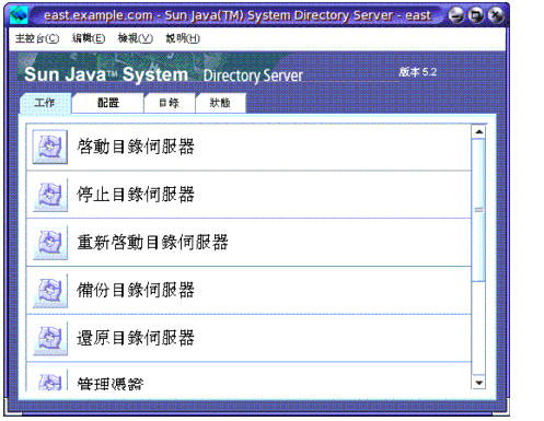 Directory Server console �̤W�h�� [�u�@] ���ҧt���ҰʡB���s�ҰʩM����ؿ����A���M��L�\�઺���s