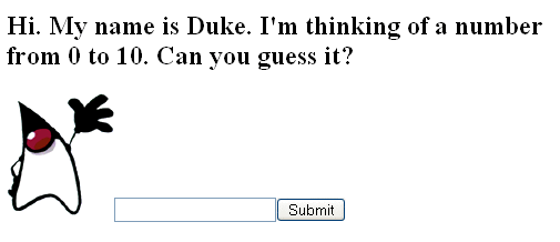 Screen capture of Duke asking you to guess a number between
1 and 10, with a text field and a Submit button.