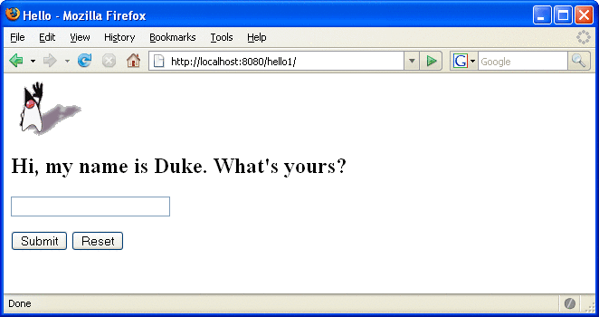 Screen capture of Duke's new greeting, "Hi, my name is
Duke. What's yours?" Includes a text field for your name and Submit and Reset
buttons.
