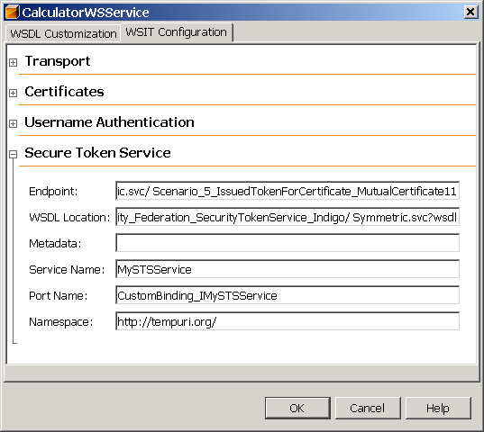 Screen shot of WSIT configuration page (secure
token service on client)
