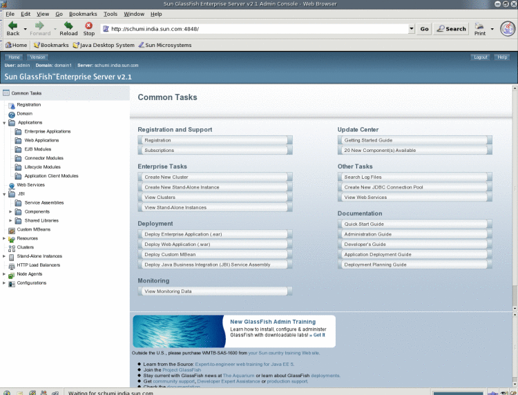 Admin Console has a banner pane, a left pane with common
tasks tree, and a right pane with links for Common Tasks and documentation