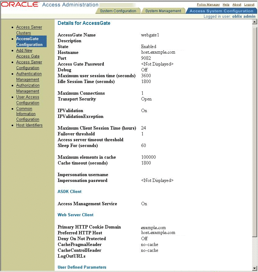 Oracle Access Manager console, Details for AccessGate
(continued)