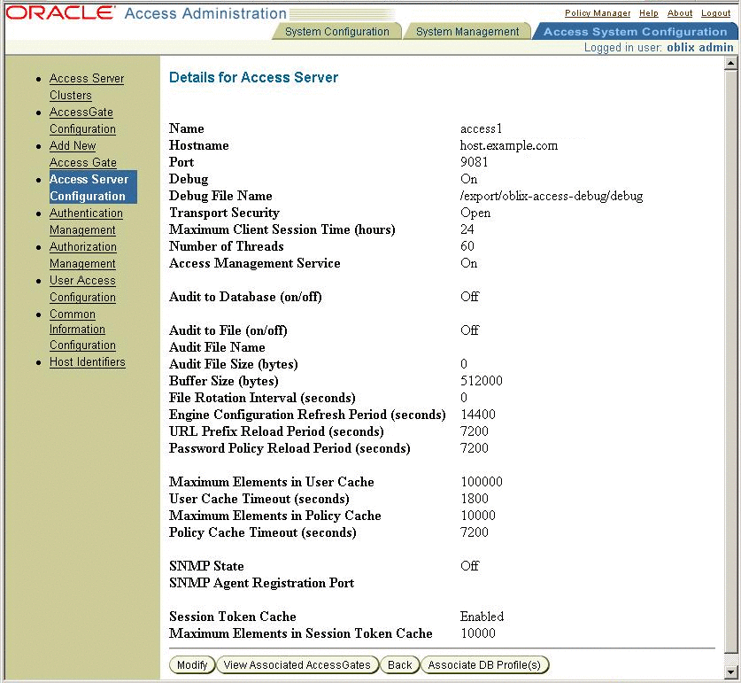 Oracle Access Manager console, Details for Access
Server.