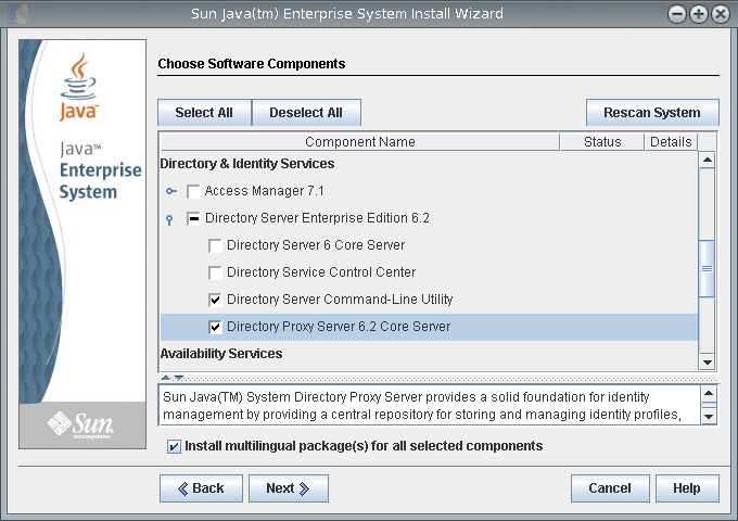Directory Proxy Server コンポーネントが選択されています。