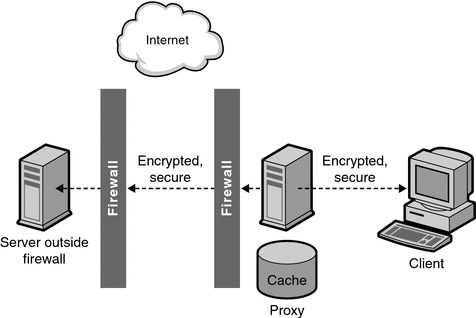 Diagram showing a secure client connection to proxy and  a secure proxy connection to content server.