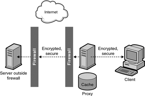 Diagram showing a secure client connection to proxy and
a secure proxy connection to content server.