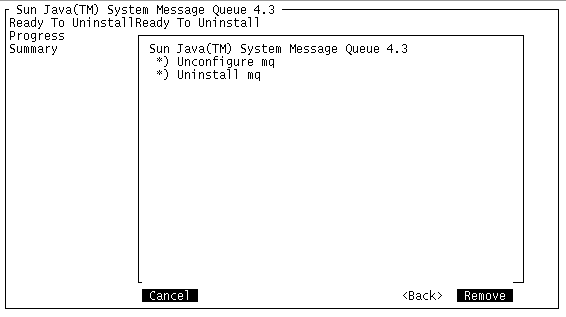 Screen capture showing Message Queue Uninstaller’s
Ready screen displayed as plain text in the terminal window. 