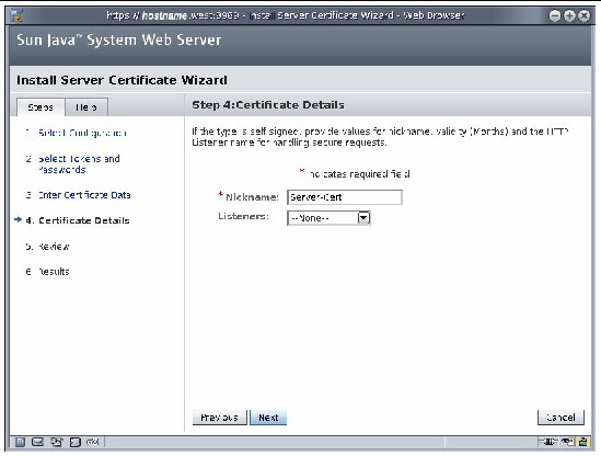 Screenshot of the Sun Java Web Server Install a Server Certificate Wizard