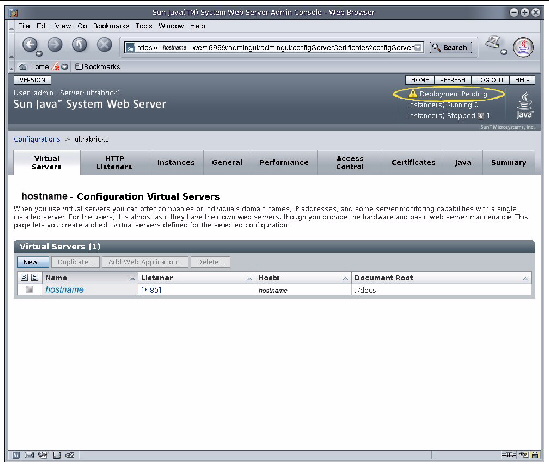 Screenshot of the Sun Java Web Server Virtual Servers Window