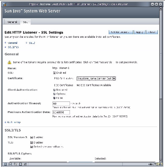 Screeshot of th e Sun Java Web Server Edit HTTP Listener - SSL Settings Window