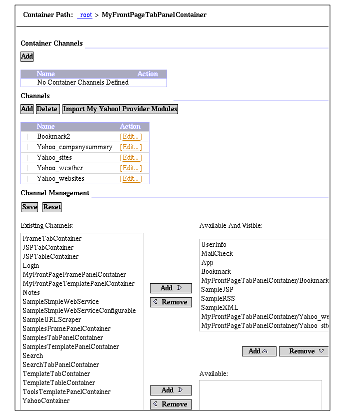 Channel Management: bottom left - Existing Channels; bottom right: upper box - Available & Visible, lower box - Available