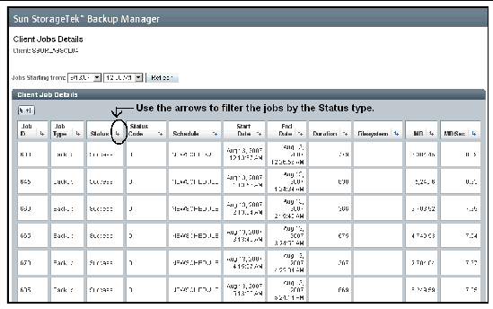 Client Job Details screenshot showing filter arrows used to sort jobs by Status type.