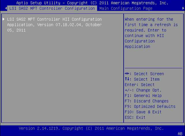 image:Figure that shows the LSI SAS2 MPT Controller HII Configuration Application field.