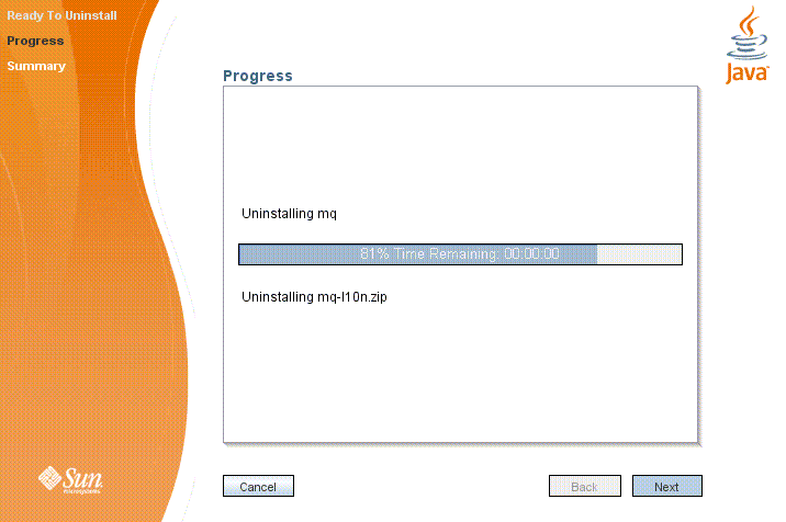 Screen capture showing Message Queue Uninstaller’s
Progress screen. 