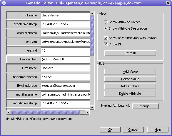 Window entitled Generic Editor - uid=bjensen,ou=People,dc=example,dc=com showing the attribute fields for this user entry and controls to modify them