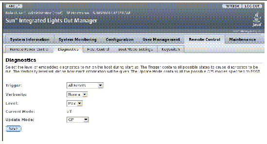 Screen shot of the ILOM web interface, showing the Diagnostics fields.