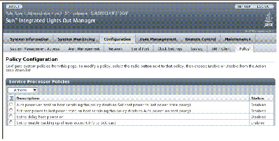 Screen shot of the ILOM web interface, showing the Policy Configuration fields.Screen shot of the ILOM web interface, showing the Configuration Management fields.