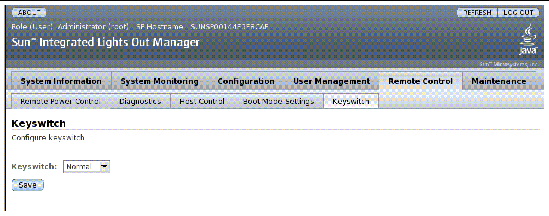Screen shot of the ILOM web interface, showing the Keyswitch fields. 