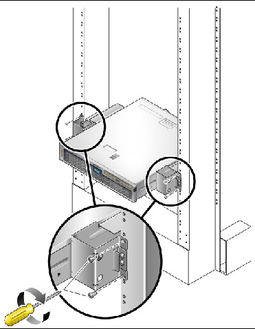 Figure showing how to secure the server in the two-post rack