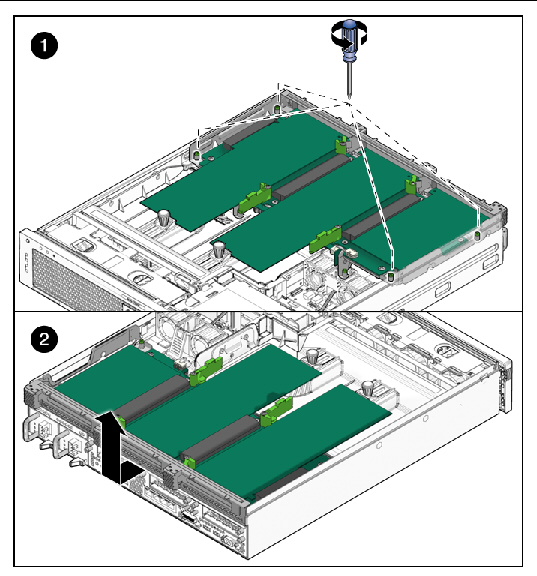 Figure showing removing screws and lifting the PCI tray