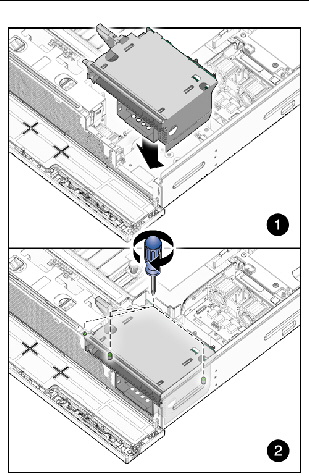 Figure showing the media bay assembly being set into place and screws being tightened