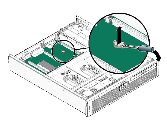 Figure showing how to pry the battery from the service motherboard
