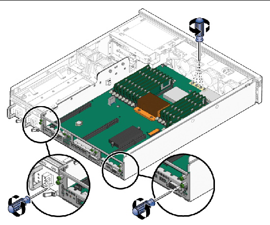 Figure showing loosening or removal of the screws that secure the motherboard assembly