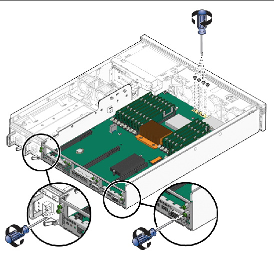 Figure showing installation of the screws that secure the motherboard assembly