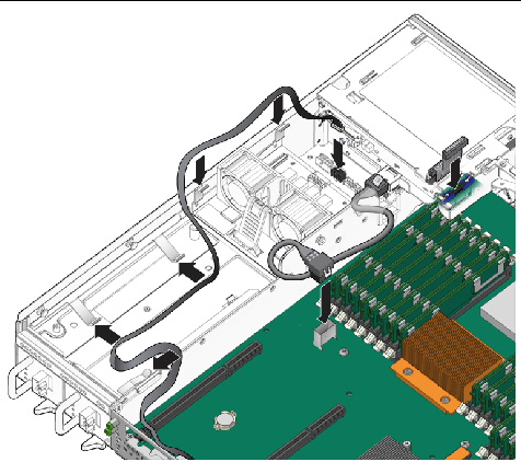 Figure showing how to connect the cables to the motherboard assembly