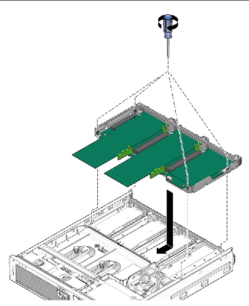 Figure showing PCI mezzanine being lowered and secured with screws