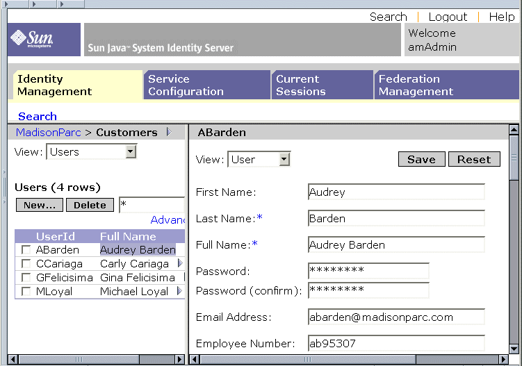 This figure shows MadisonParc user data displayed in the Identity Server administration console.