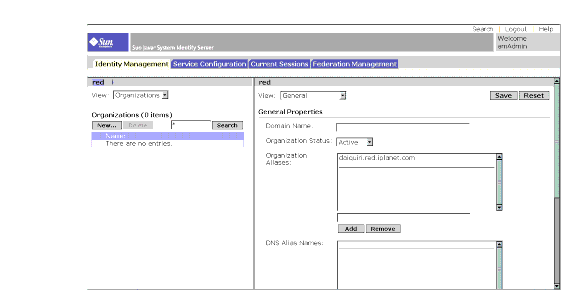 The Identity Server Console:  Header frame (top), Navigation frame (left), Data frame (right) 
