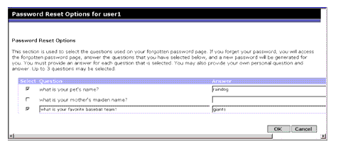 Identity Server Console - Password Reset service, available questions answer screen with Person Question Enabled attribute enabled.