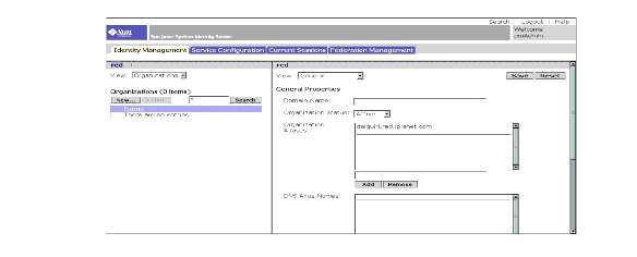 Identity Server Console - Identity Management view with organization properties displayed.