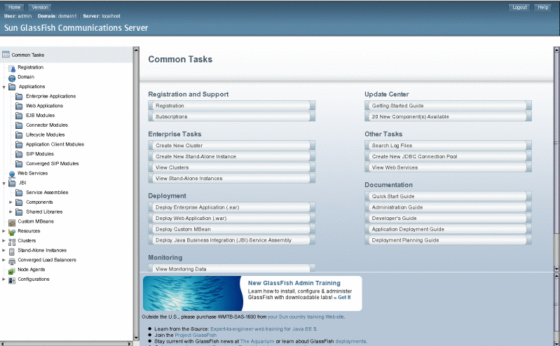 Admin Console has a banner pane, a left pane with common
tasks tree, and a right pane with links for Common Tasks and documentation