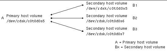 Figure showing a one-to-many volume set replication.